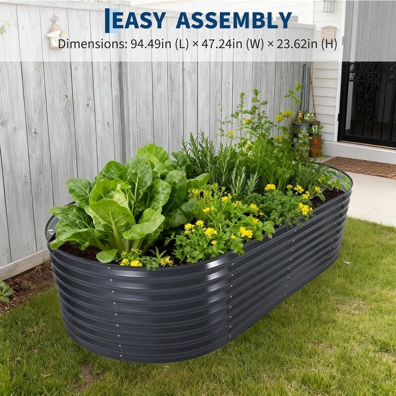 8x4x2 ft Oval Galvanized Steel Raised Garden Bed Kit with Zippered Cover - Open-Bottom Planter Gray