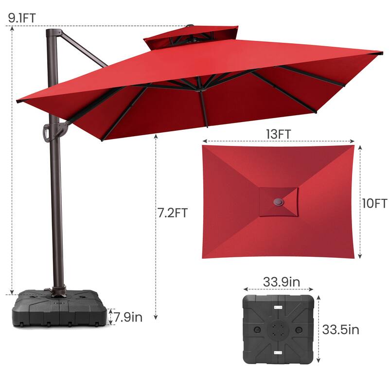10 x 13 Feet Double Top Rectangular Rotating Patio Offset Cantilever Umbrella with Crank