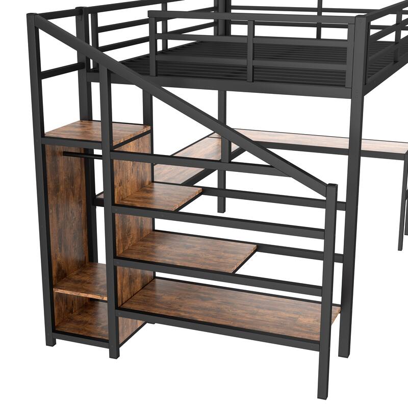 Queen Loft Bed with L-Shaped Desk - Metal Frame Features Wardrobe, Adjustable Shelf & USB/LED Lights