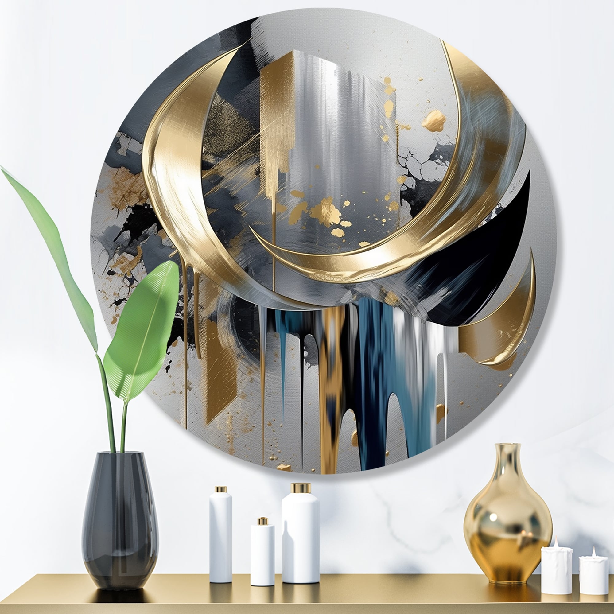 Designart "Abstract Shapes And Lines I" Abstract Marble Metal Round Wall Art Print