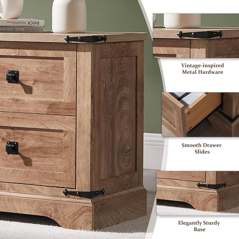 Farmhouse 2 Drawers Nightstand with Charging Station, Large End Table