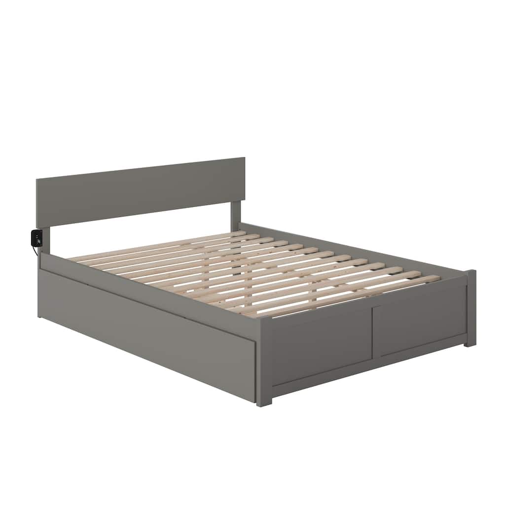 Grey Platform Bed with Footboard and Twin XL Rolling Trundle for Sleek and Contemporary Guest Rooms