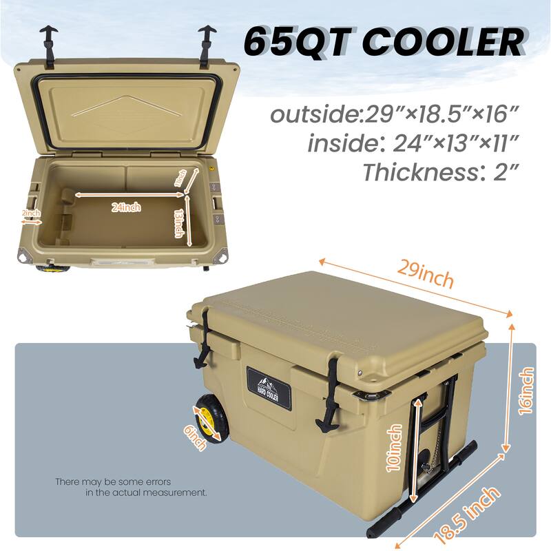 65 Quart Khaki Cooler, Ultra-Tough Hard Shell Ice Chest, Heavy-Duty Insulated Portable Cooler with 6-Day Ice Retention