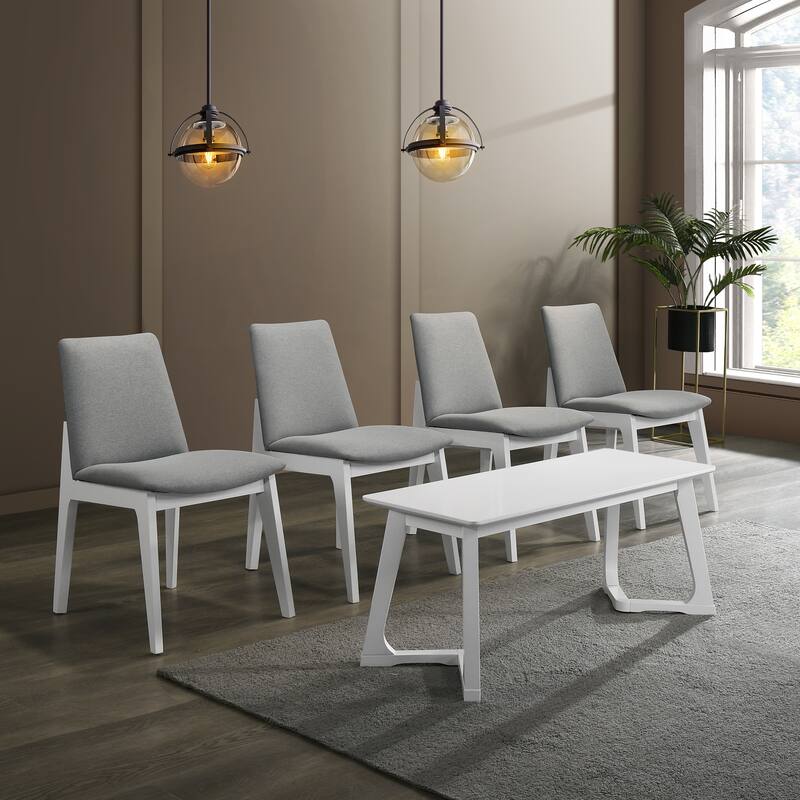 CraftPorch Mid-century Modern Upholstered Dining Chair and Wooden Bench (Set of 5) - White