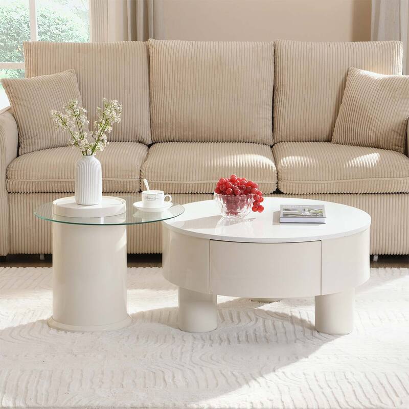 Modern Nesting Coffee Table Set of 2 with Storage,for Living Room - Off White+White