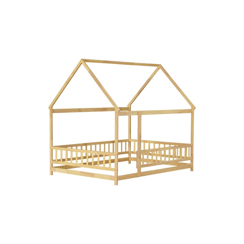 Full Size Wooden Floor Bed for Kids with House Roof Frame and Safety Guardrails