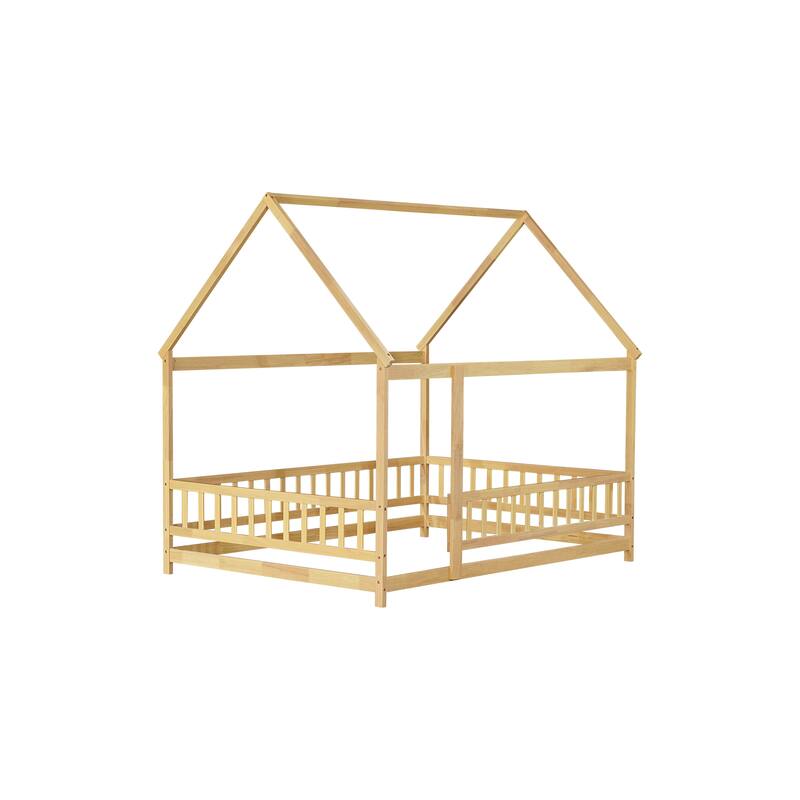 Full Size Wooden House Floor Bed with Roof Frame and Safety Guardrails, Natural Finish
