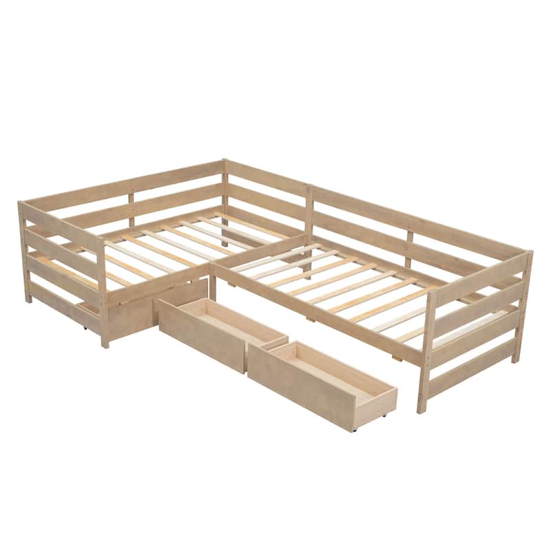 Twin Size L-Shaped Platform Bed With Three Storage Drawers