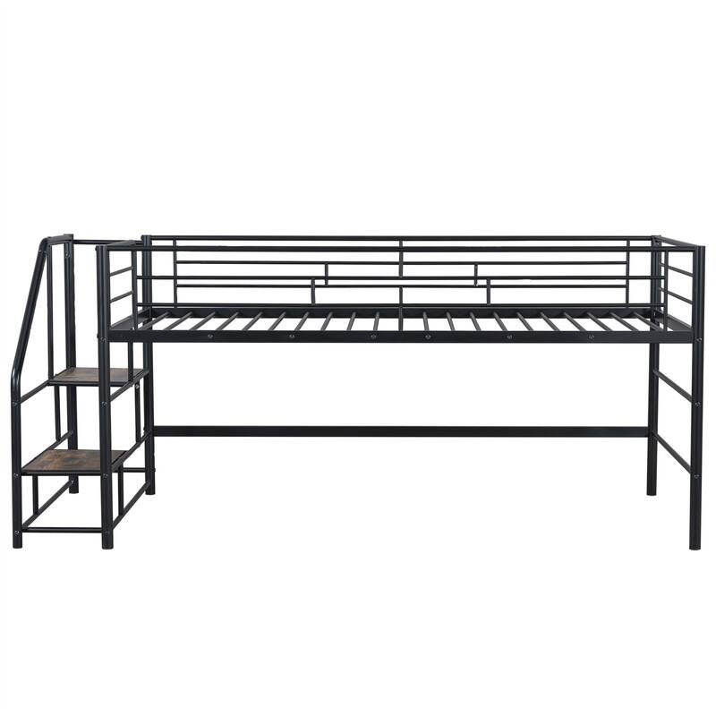 Twin Size Mid Loft Bed with Storage Stairs, Heavy Duty Metal Loft Bed Frame with Guardrails, Kids Playhouse Bed with Slats
