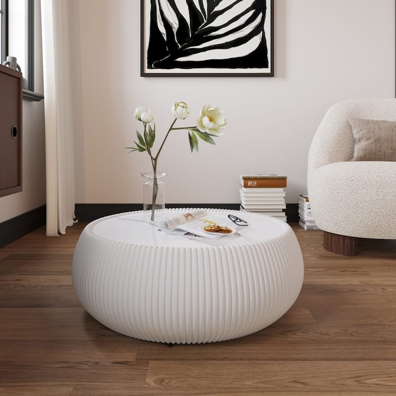 27.55" Modern Drum-shaped Marble Top Coffee Table with Microfiber Leather - Beige