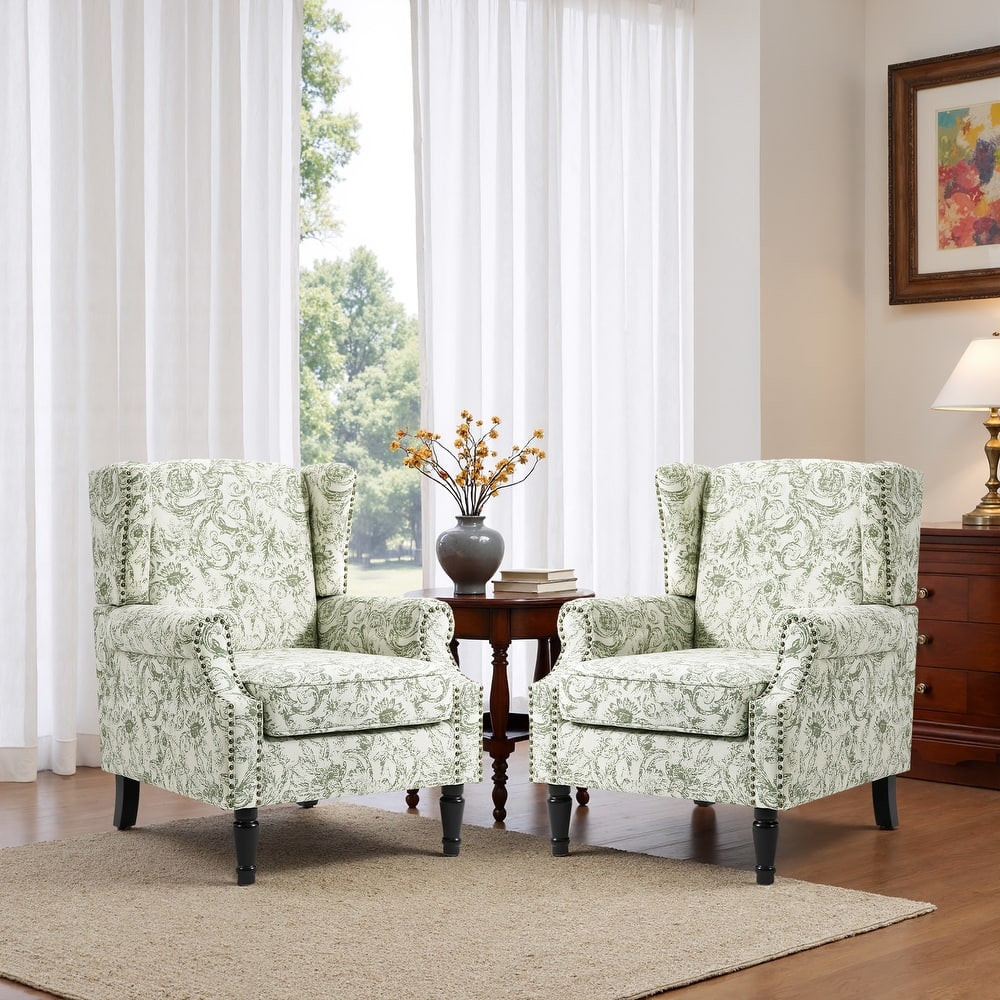 Upholstered Nailhead Trim Armchair Wingback Accent Chairs Set of 2