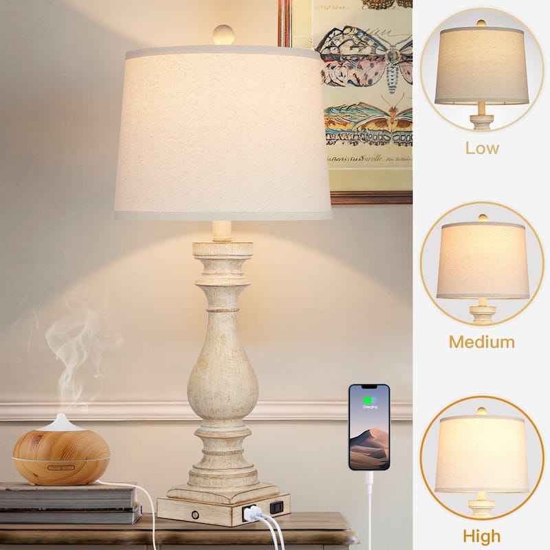 27.5'' Beige Bedside Resin Table Lamps with Built-in USB Ports, and Touch Control (Set of 2) - 12.5'' x 12.5'' x 27.5''