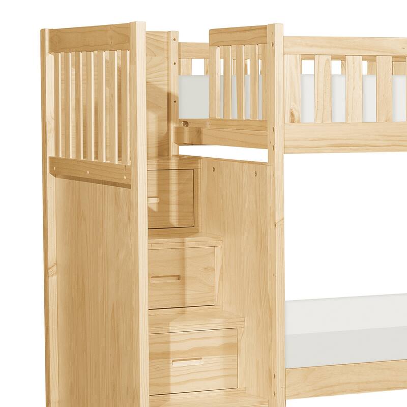 Catherine Twin over Twin Bunk Bed, Storage Step, Natural Brown, Solid Wood
