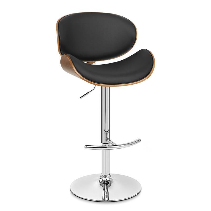 Black Faux Leather Adjustable Height Swivel Bar Chair with Chrome and Wood Pedestal - 20” x 21” x 41” (D x W x H) - Black-Silver