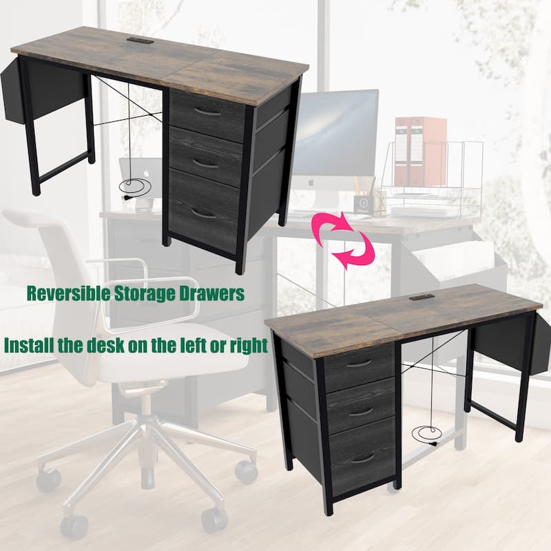Computer Desk with 3 Drawers & Power Outlet, Home Office Desk with Side Pocket, Multifunctional Study Desk Gaming Desk