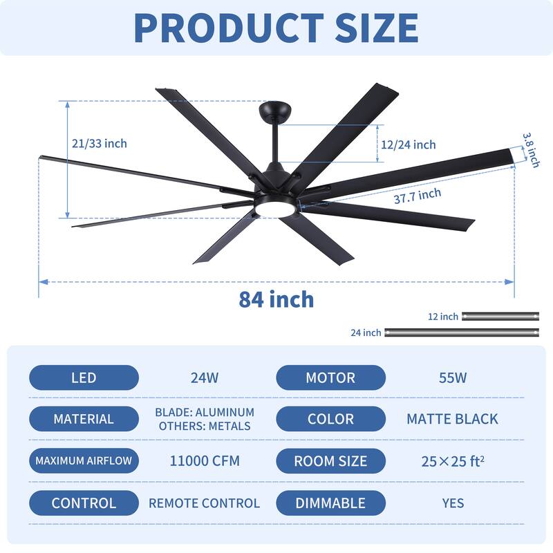84 In Super Large Black Ceiling Fan with LED Light, 8 Aluminium Blades Ceiling Fan Chandelier - 84 Inch