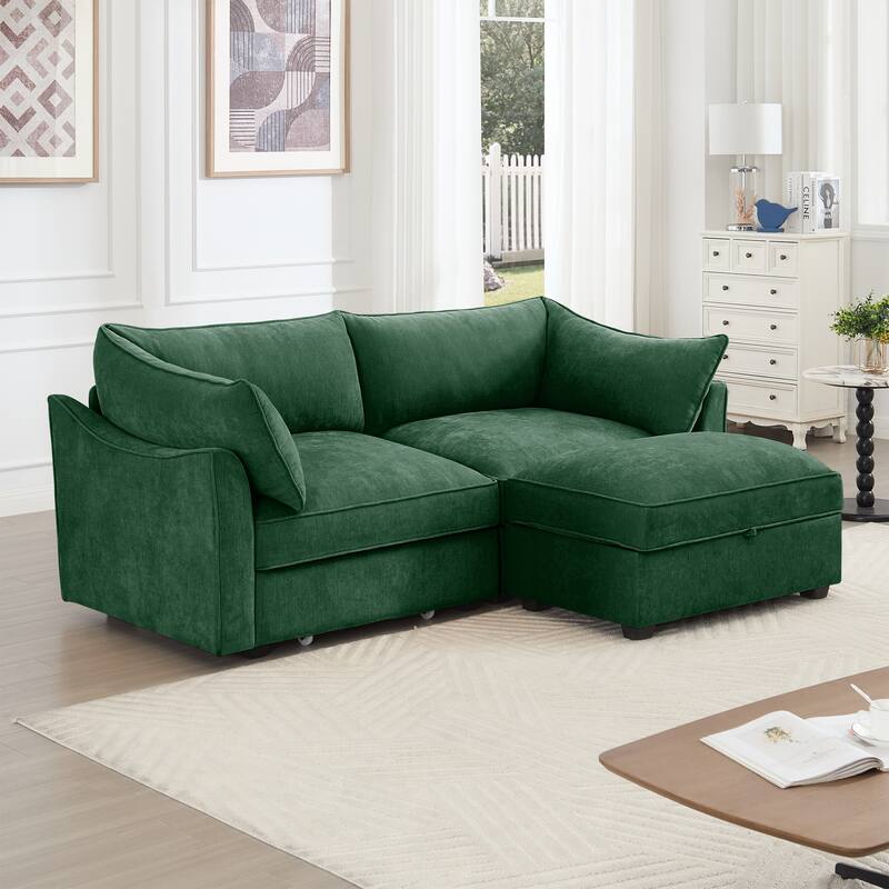 Rossetta 2-Seater Chenille Sofa with Storage Drawers, Wraparound Cushions and 1 Matching Ottoman