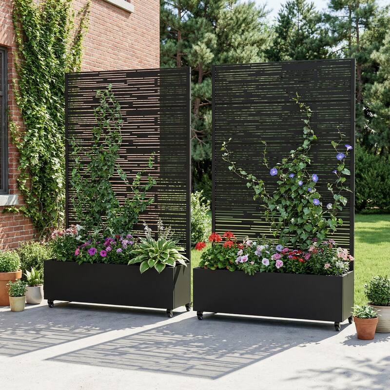 Metal Galvanized Planter Box with Trellis Privacy Screen Lockable Wheels Set of 2 - 72"x47"