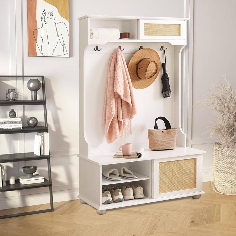 Roomfitters Casual Style Hall Tree Entryway Bench with Rattan Door Shelves, Shoe Cabinets, Solid Wood Feet