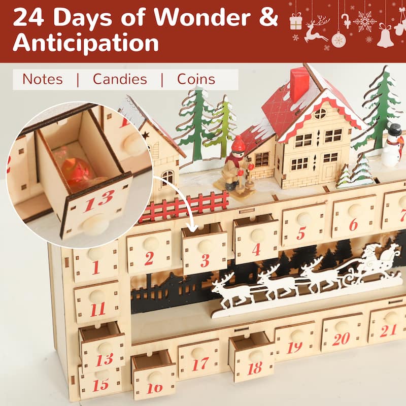 HOMCOM Christmas Advent Calendar with 24 Drawers, Reusable Lighted Wood-Effect Countdown , Battery Operated, Natural Tone