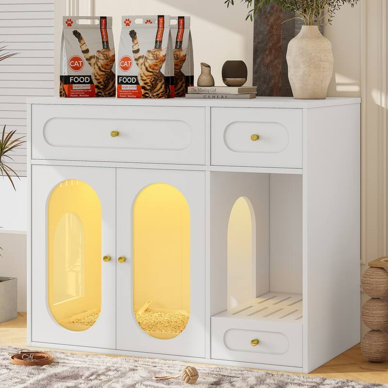 Cat Litter Box Enclosure with LED Light, Hidden Litter Box Furniture with Storage Drawers, Indoor Pet House with Acrylic Doors