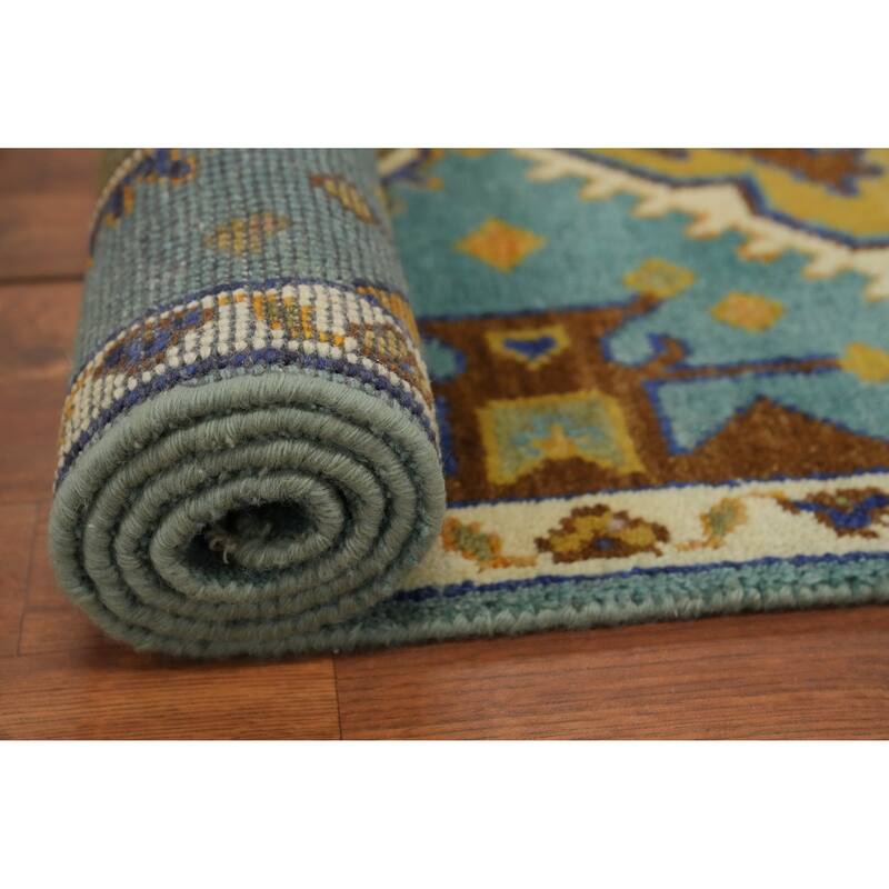 Hand-knotted Traditional Wool Blue Geometric Oriental Area Rug - 9' 9'' X 2' 5''