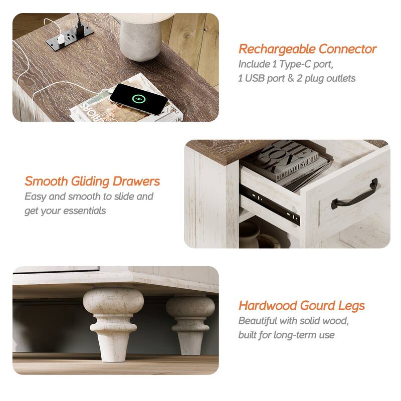 End Table with Charging Station, Side Table with Storage, Power Outlets & Type-C USB Ports for Living Room
