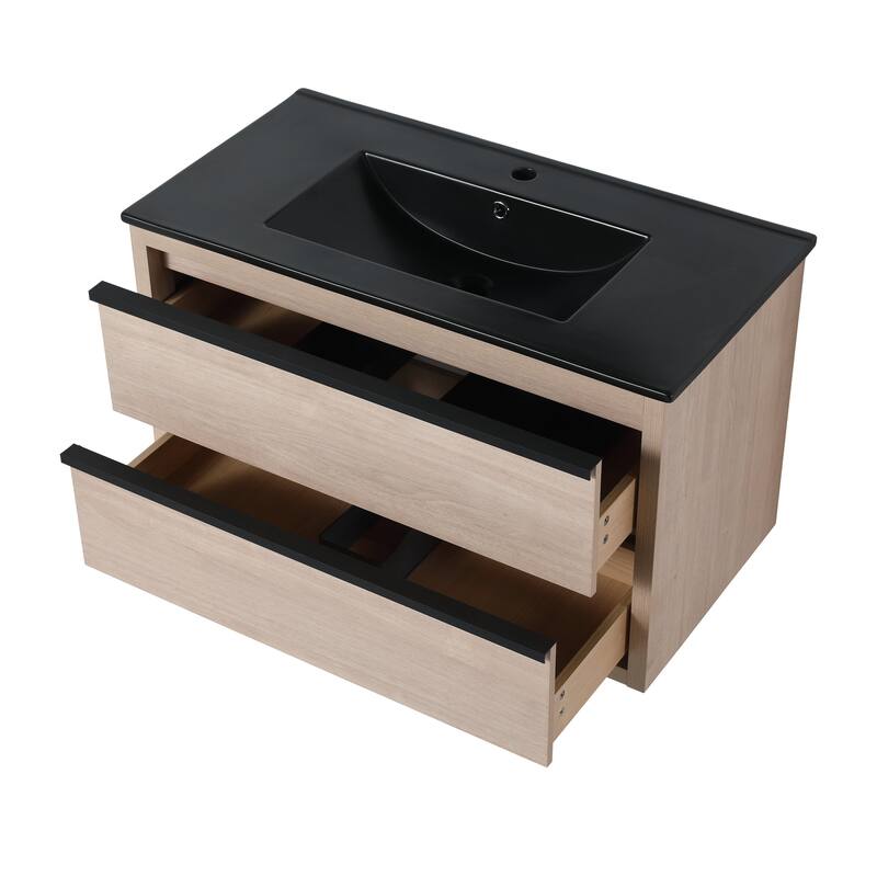 Wall-Mounted Plywood Bathroom Vanity Set in Plain Light Oak with Integrated Sink