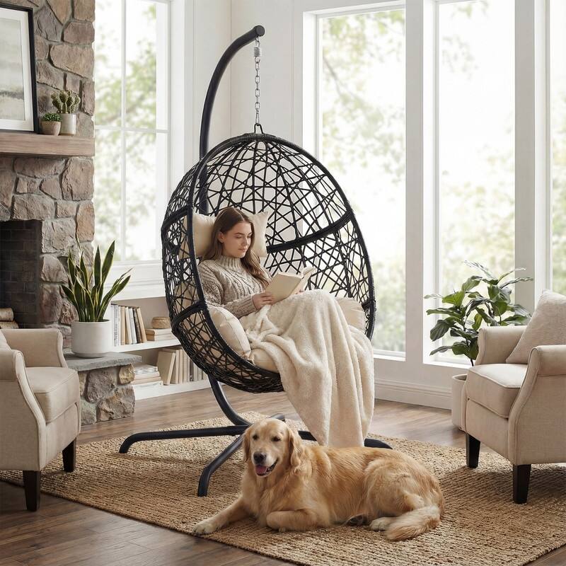 Extra Large Egg Chair with Stand, 450 lbs Capacity Hanging Basket Chair, Indoor/Outdoor Wicker Nest Swing Chair with Cushions
