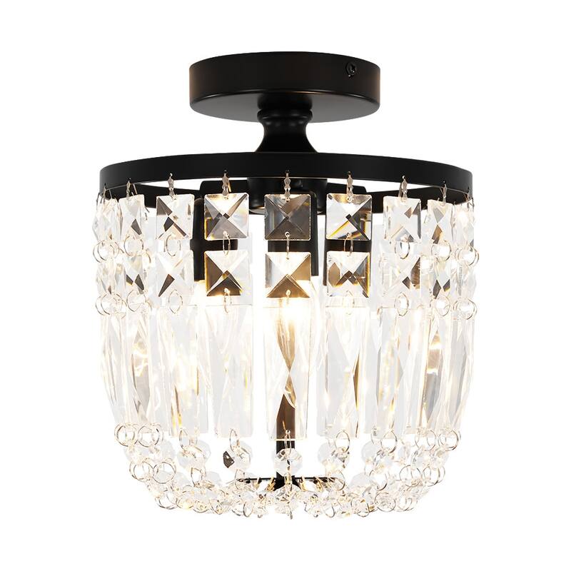 Minimalist 3-light Black Round Crystal Semi Flush Ceiling Light