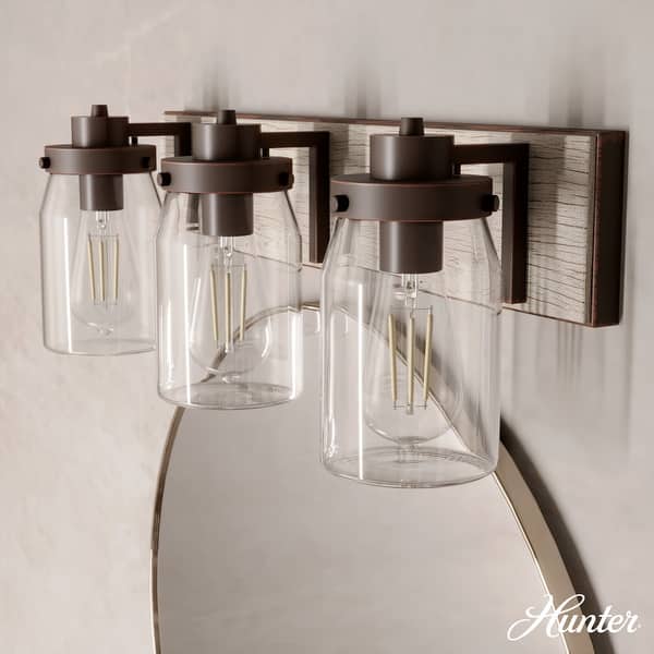 slide 2 of 12, Hunter Devon Park Bathroom Vanity Wall Light, Damp Rated, Rustic, Farmhouse 3-Light - Onyx Bengal and Barnwood