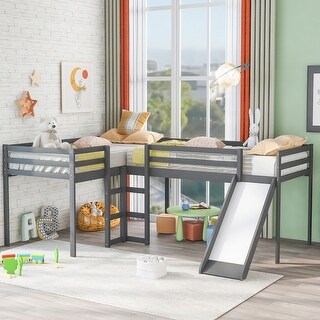 Modern Style Twin Size L-Shaped Solid Pine Wood Loft Bed with Ladders ...