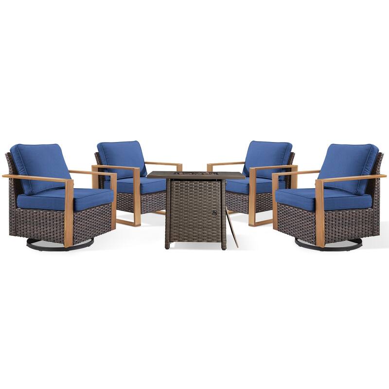 Meyreso 5-Piece Wicker Patio Conversation Set with Fire Pit & Plush 4.5" Olefin Cushions