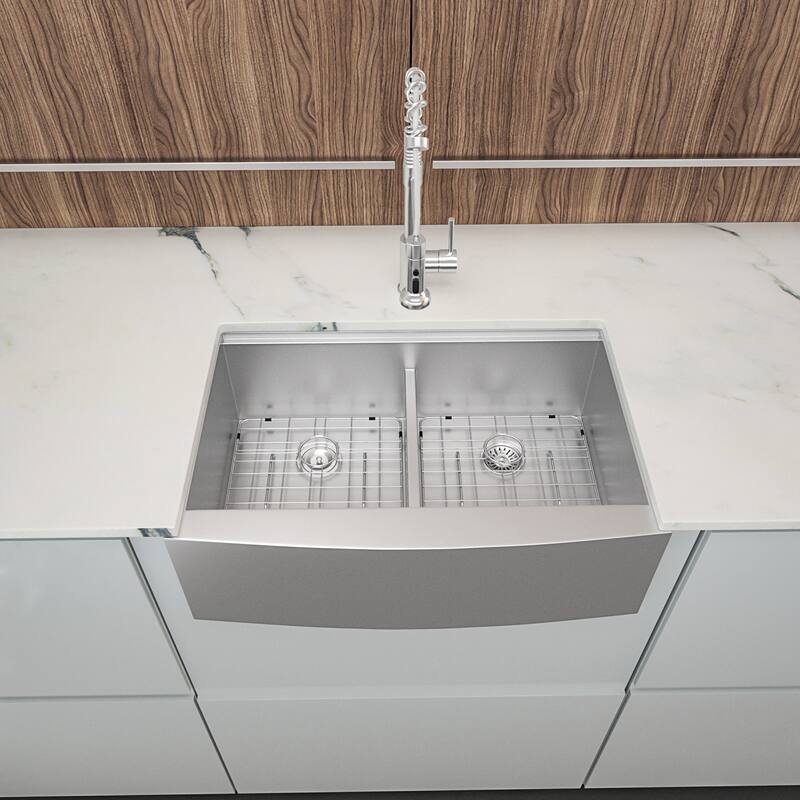 33" Apron Front Ledge Workstation Low Divide Double Bowl 50/50 16 Gauge Stainless Steel Farm Kitchen Sink - 33'' x 22" x 10'' - Brushed