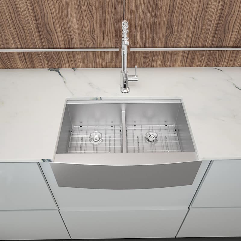33 inch Apron Front Ledge Workstation Low Divide Double Bowl 50/50 16 Gauge Stainless Steel Farm Kitchen Sink - Brushed