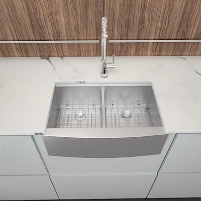33 inch Apron Front Ledge Workstation Low Divide Double Bowl 50/50 16 Gauge Stainless Steel Farm Kitchen Sink