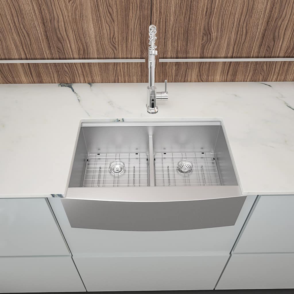 33 inch Apron Front Ledge Workstation Low Divide Double Bowl 50/50 16 Gauge Stainless Steel Farm Kitchen Sink