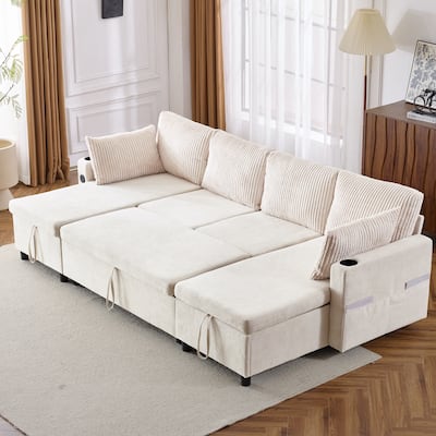 111.8" Sectional Pull-out Sofa Bed, Beige, Chenille, w/ Storage, USB & Cup Holders
