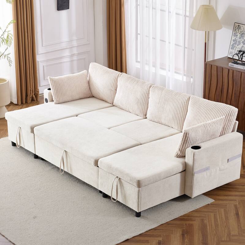 Sectional Sofa Pull-out Sofa Bed with Large Storage Space, 2 USB Ports and 2 Cup Holders Chenille Tufted Couch - Beige