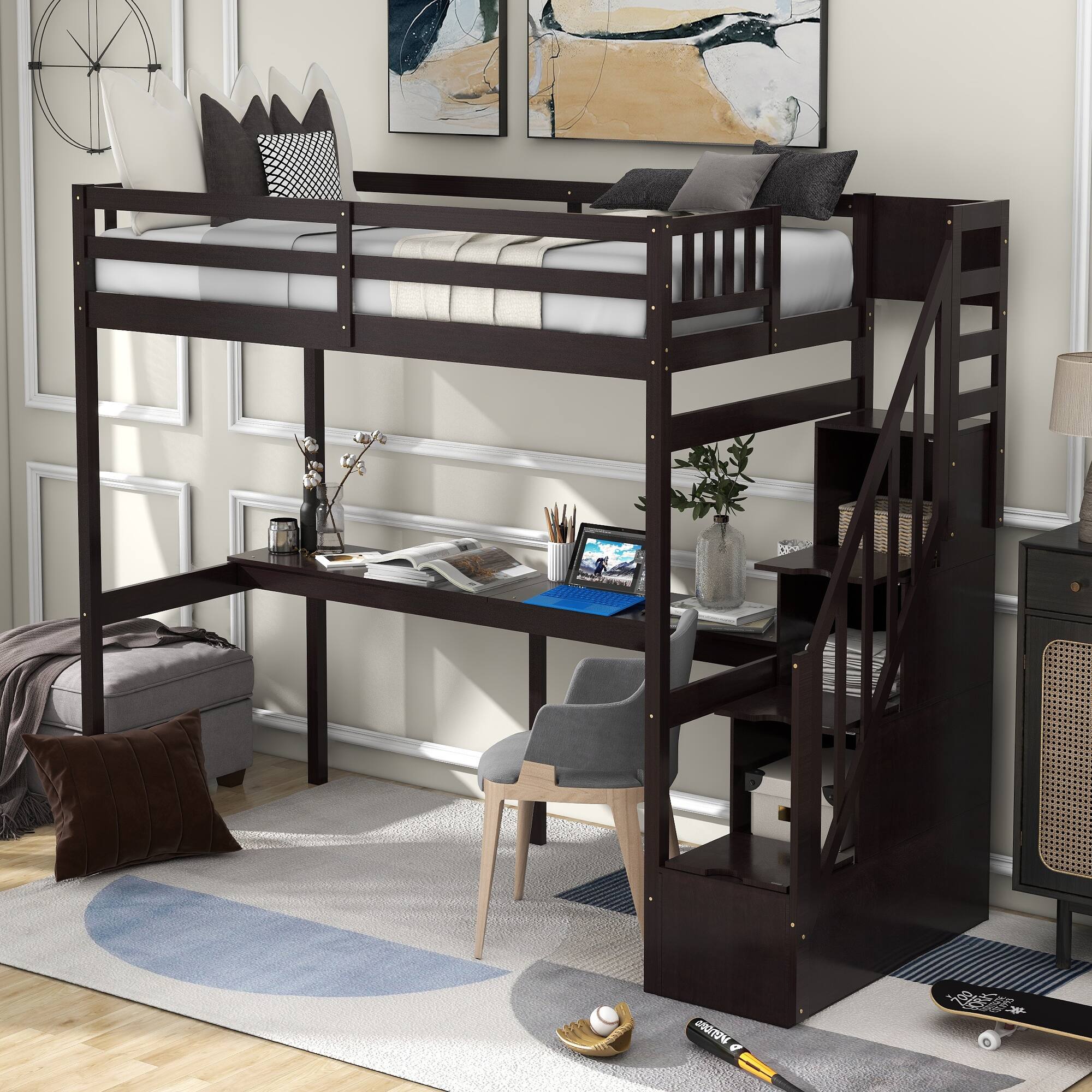Twin Size Loft Bed with Storage Staircase and Builtin Desk, Espresso
