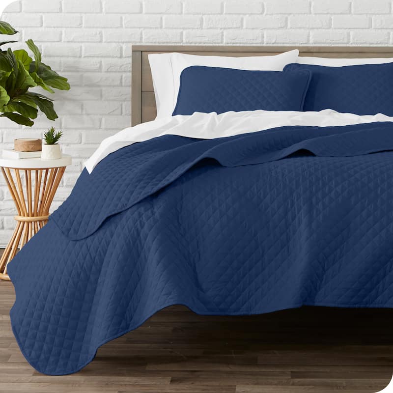 Bare Home Diamond Stitched Lightweight Microfiber Coverlet Set - Dark Blue - King
