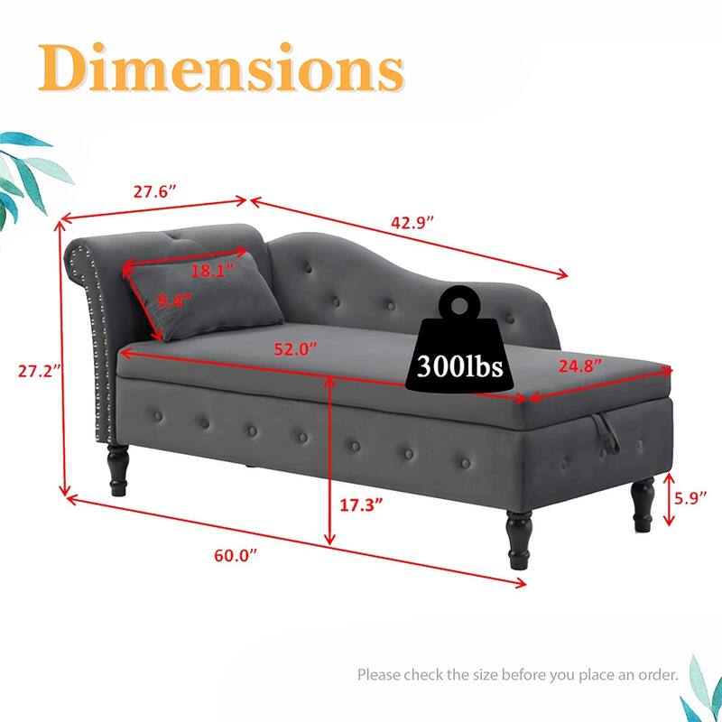 60"W Velvet Tufted Chaise Lounge, Storage Chaise Sofa, Solid Wood Leg - 25"D x 60"W x 27"H