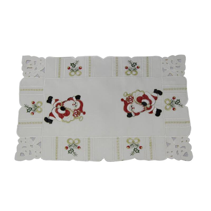 Violet Linen Santa Claus Holly Bows Embroidery Pattern, Polyester Cutwork, Set of 4, Decorative Place Mats