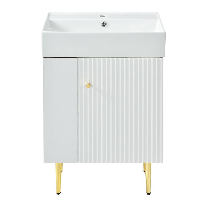 Freestanding Wave-Textured Surface Storage Cabinet Bathroom Vanity with Ceramic Sink, Metal Handle and Left Side Open Storage