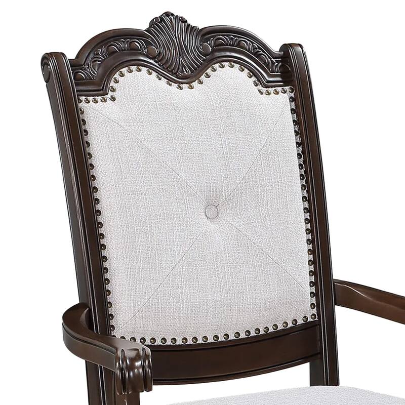 Cary Dining Armchair Set of 2, Beige Linen, Scrolled Coffee Brown Wood