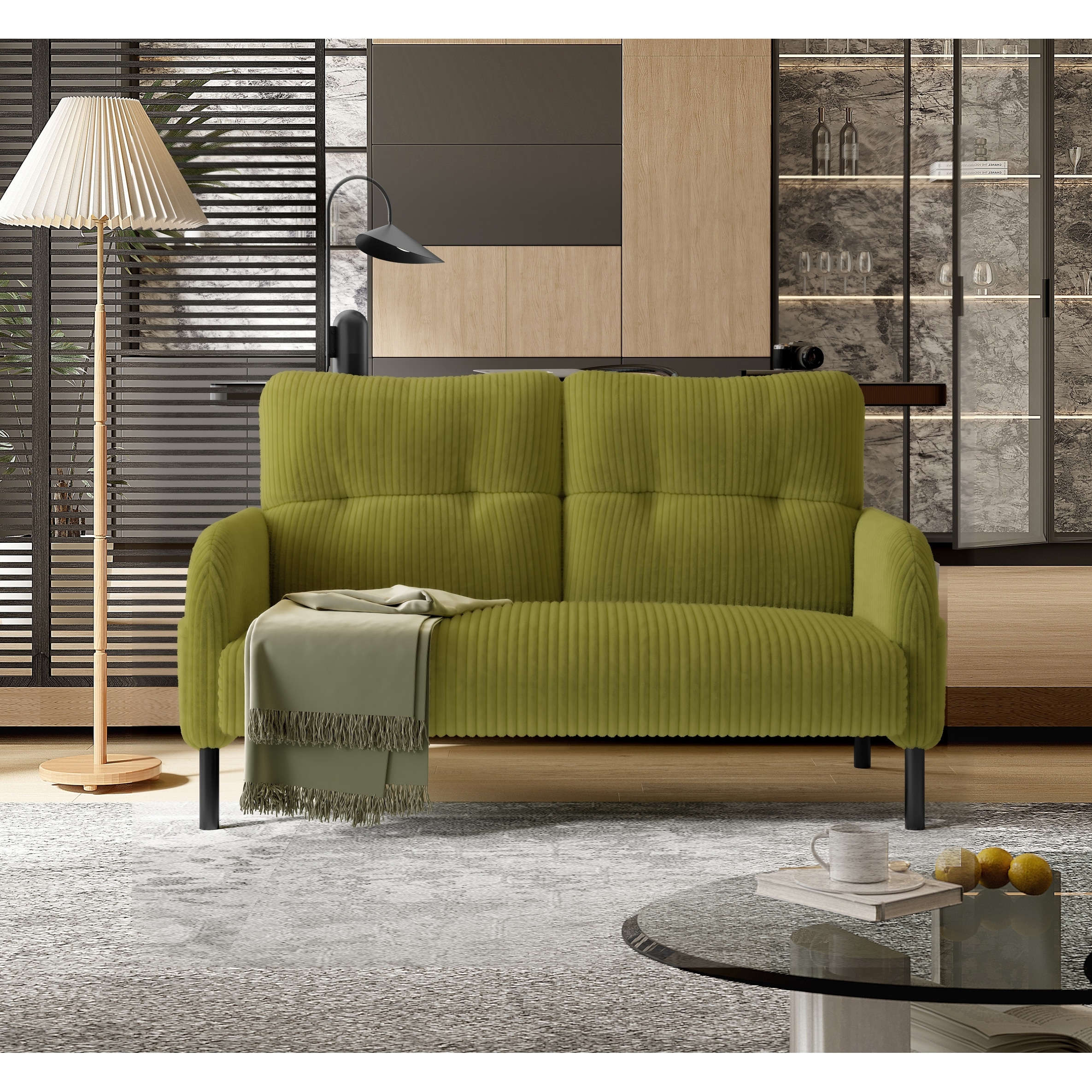 HOMEFUN Corduroy Upholstered Tufted Comfortable Wood Frame Loveseats Sofa with Double Side Pocket