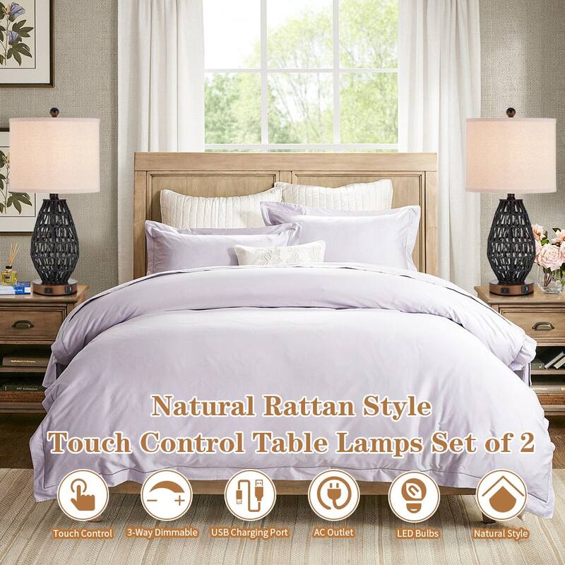 Cinkeda Table Lamp Black Rattan 3-Way Touch Dimmer USB Port(Set of 2) - 11'' x 11'' x 22.8'' (L x W x H)