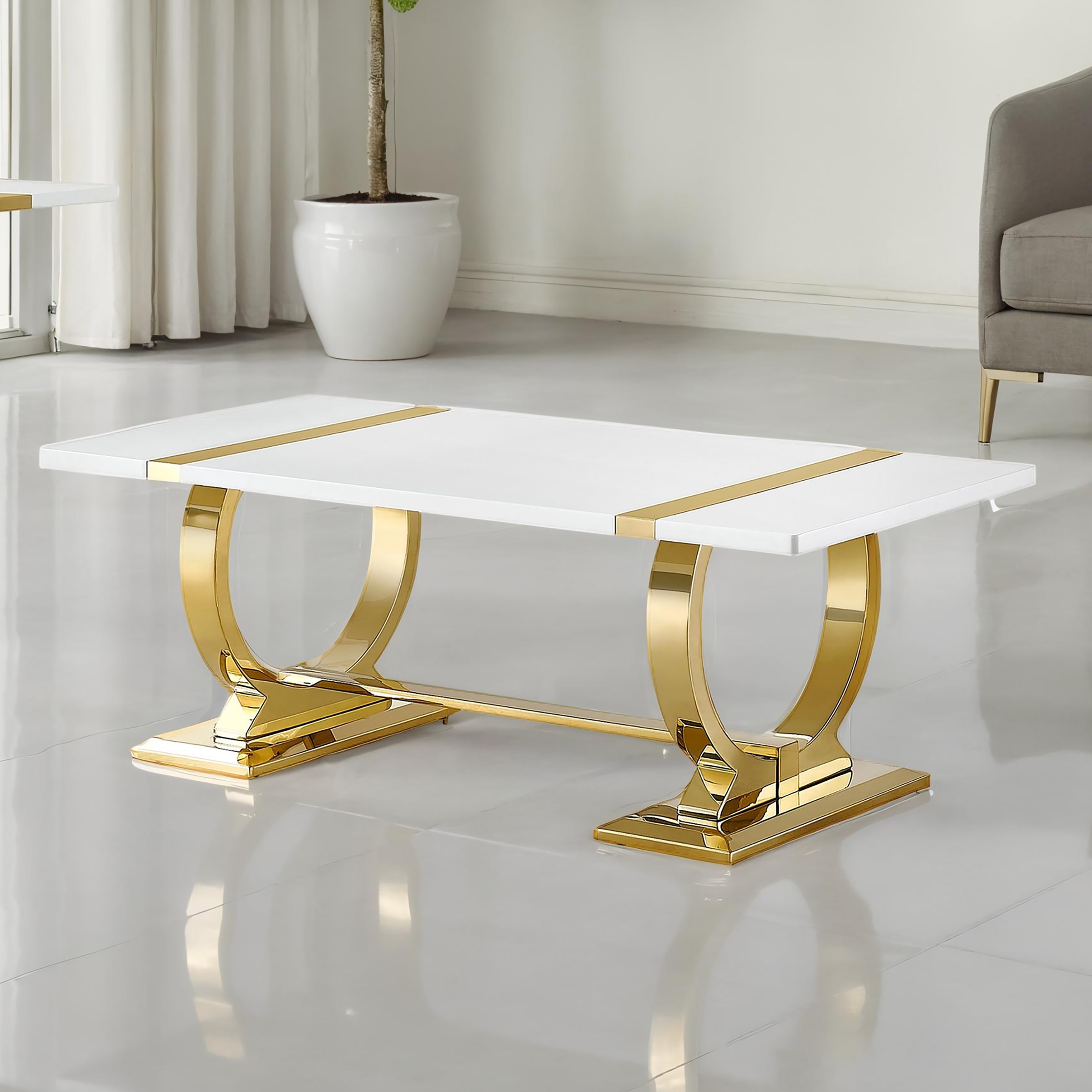 Furniture of America Carra Modern Stainless Steel O-Shaped Trestle Base Coffee Table