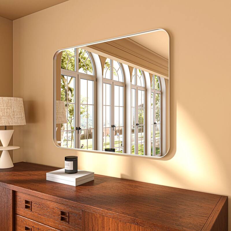 Organnice Rectangular Aluminum Framed Modern Rounded Wall Mount Mirror
