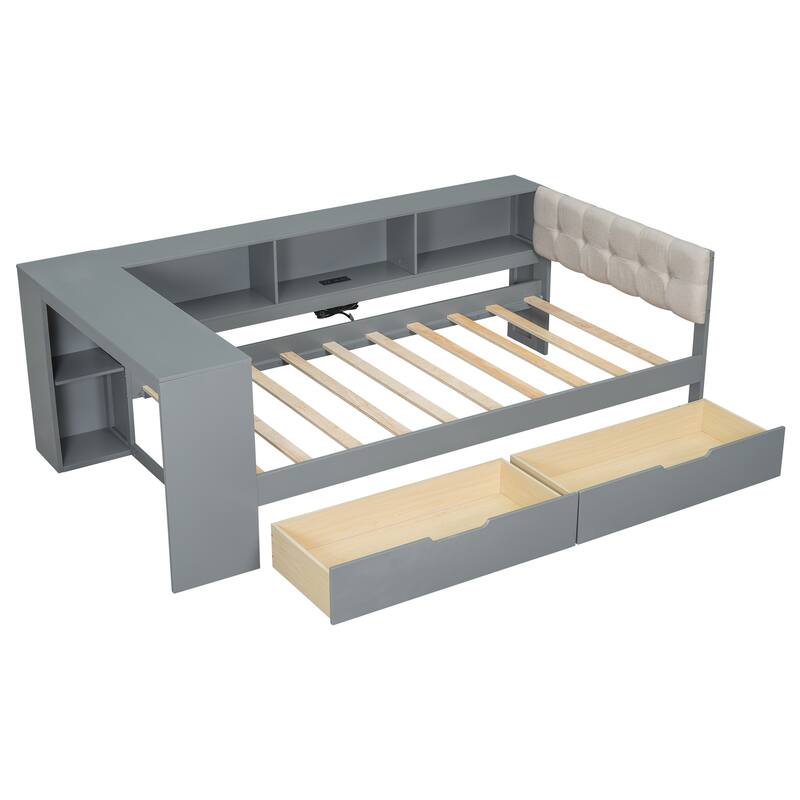 Wooden Platform Bed Multi-Functional Daybed with Desk, Linen Headboard, 2 Drawers, Charging Station and Mulit-Storage Shelves